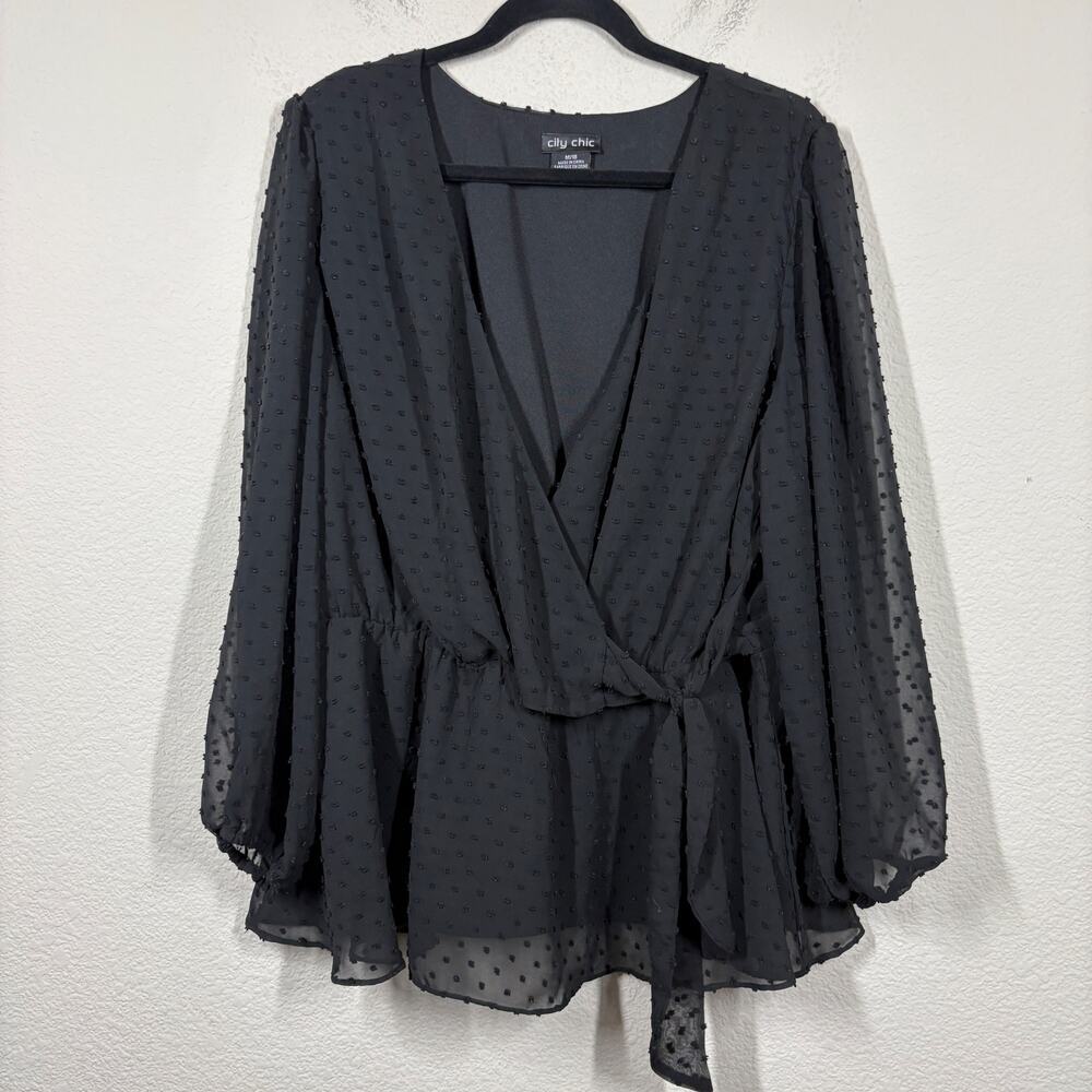 City Chic Size Medium 18 Swiss Dot Faux Wrap Peplum Top Blouse Black Long Sleeve